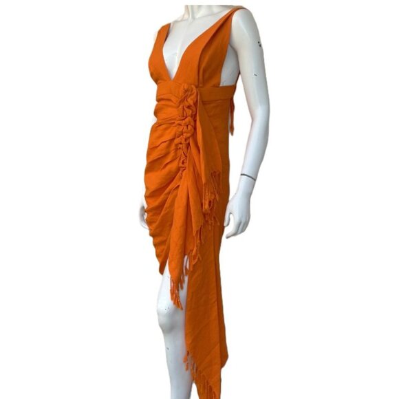 Just Bee Queen Tulum Dress Tangerine Orange Linen Size Small Asymmetrical Ruched - Picture 2 of 10